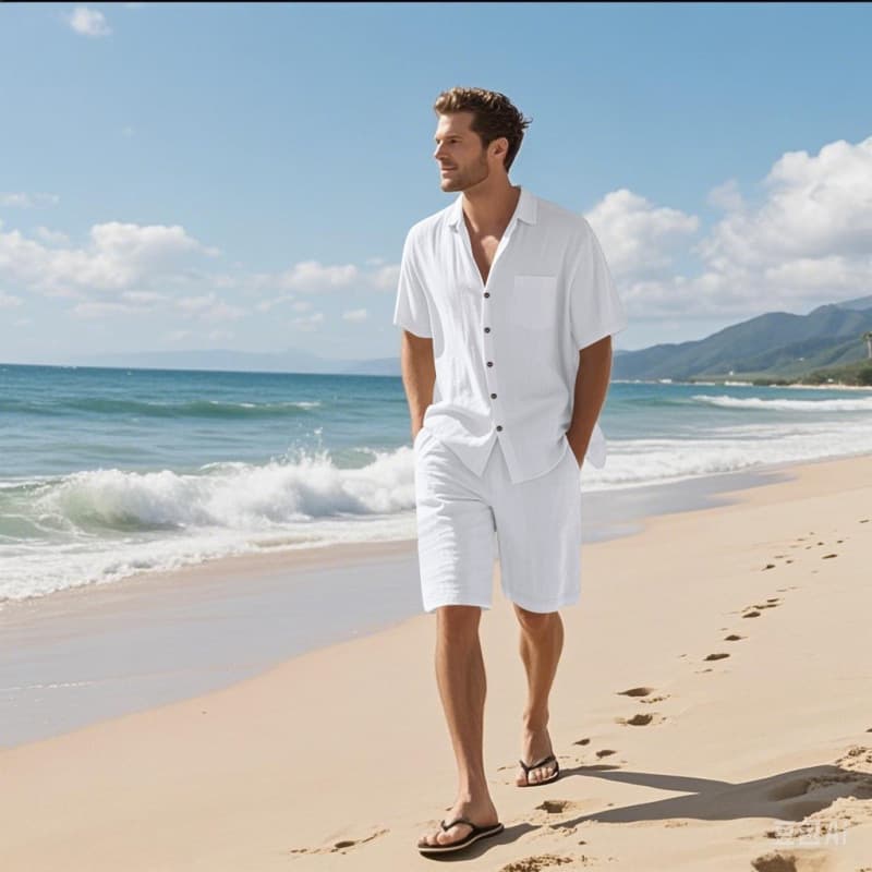 Cross-border Amazon American summer suit men's short-sleeved shorts linen beach men's casual short-sleeved shirt suit