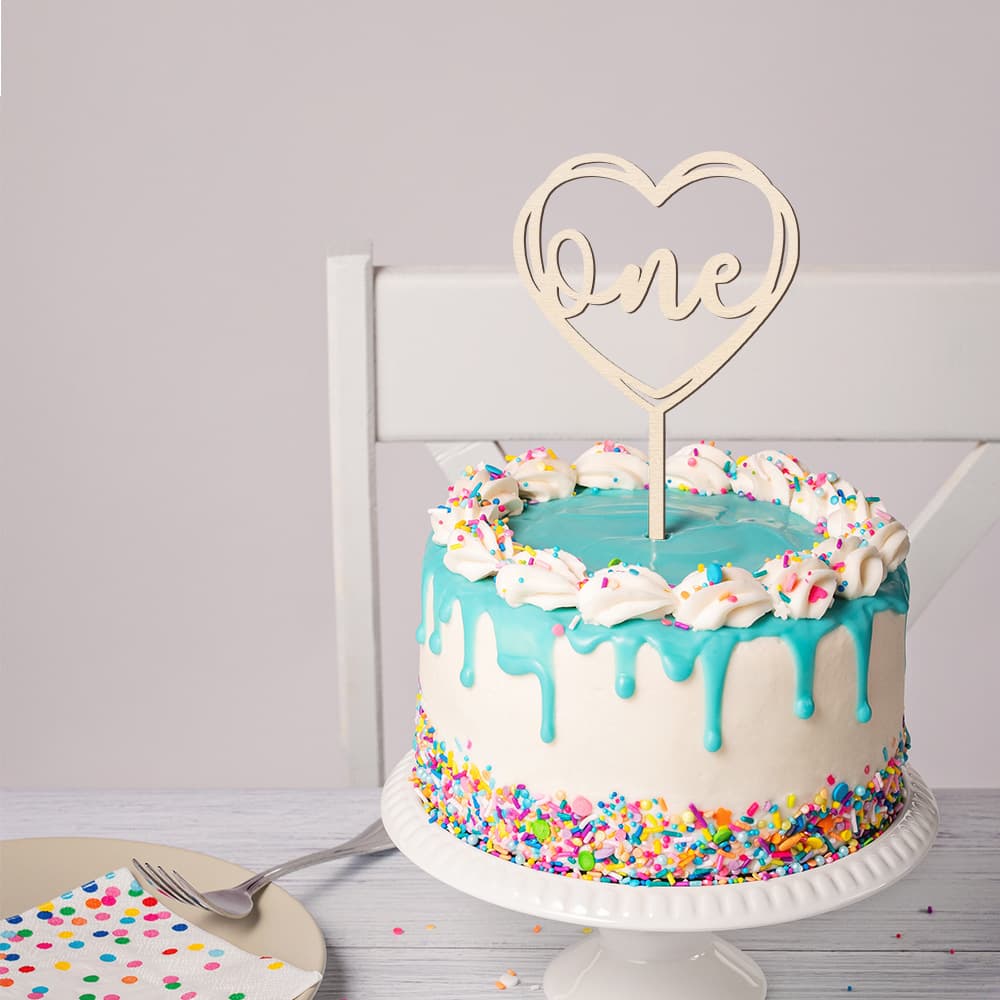Wooden cake topper, Happy Birthday, hollowed-out heart, ONE flag, party birthday cake decoration, DGC502
