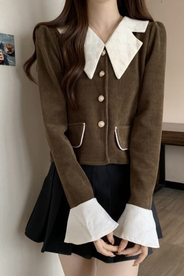 French color-blocking jacket top long-sleeve shirt design, autumn short style slimming corduroy little-chic style concealing figure.