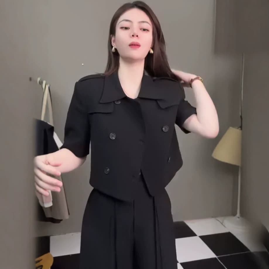 European and American clothing cross-border foreign trade 2026 spring and autumn new style mid-sleeve lapel short tops high-waisted wide-leg pants suits