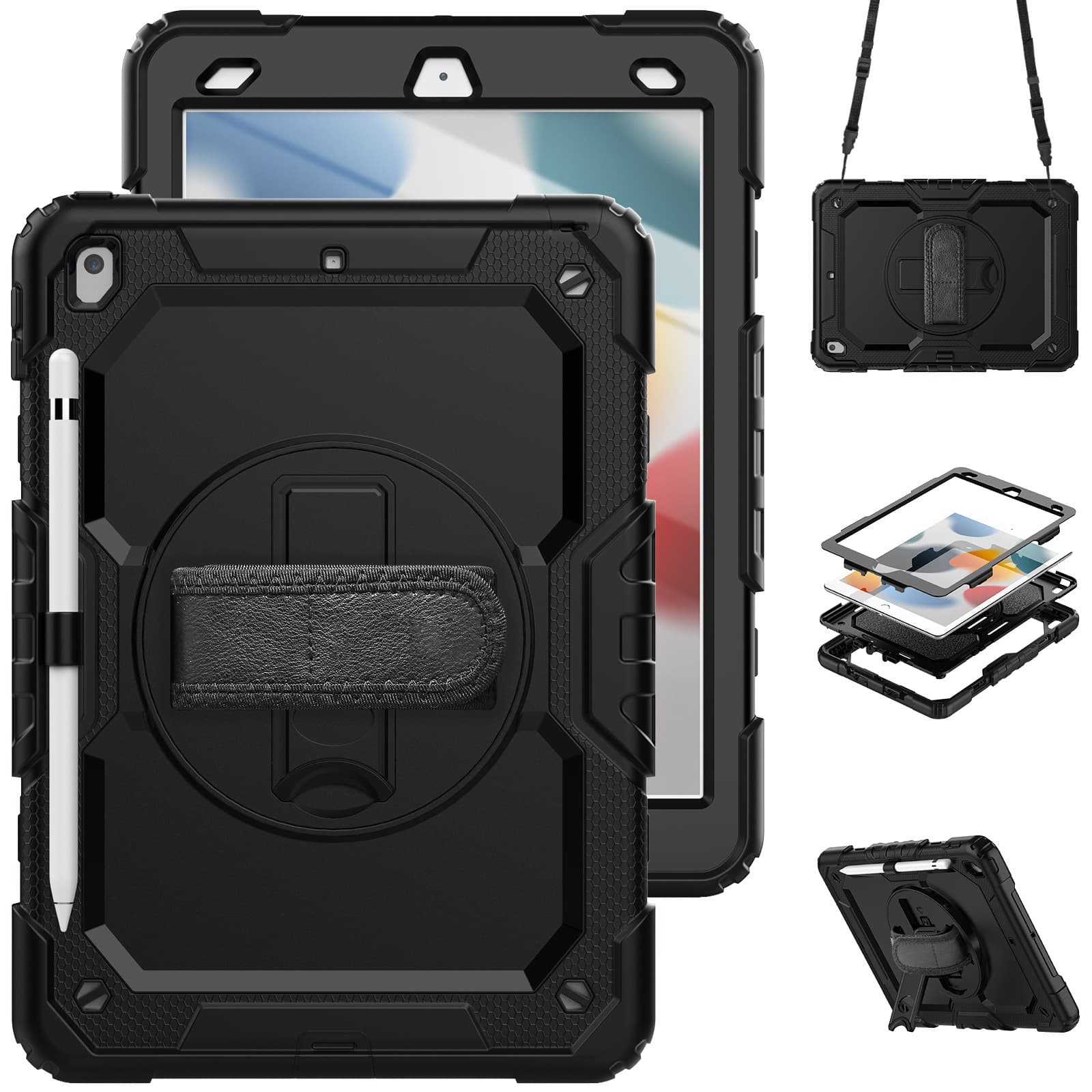 2021 iPad 9th Gen 10.2 Case for iPad 7/8th Gen Contrast Color Silicone + PC Wrist Strap Shoulder Strap Shockproof Case