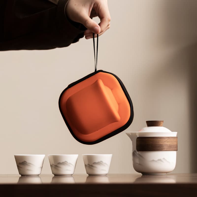 Dehua Mutton Fat Jade White Porcelain Travel Tea Set - One Pot and Three Cups, Outdoor Portable Quick Cup, Corporate Event Gift