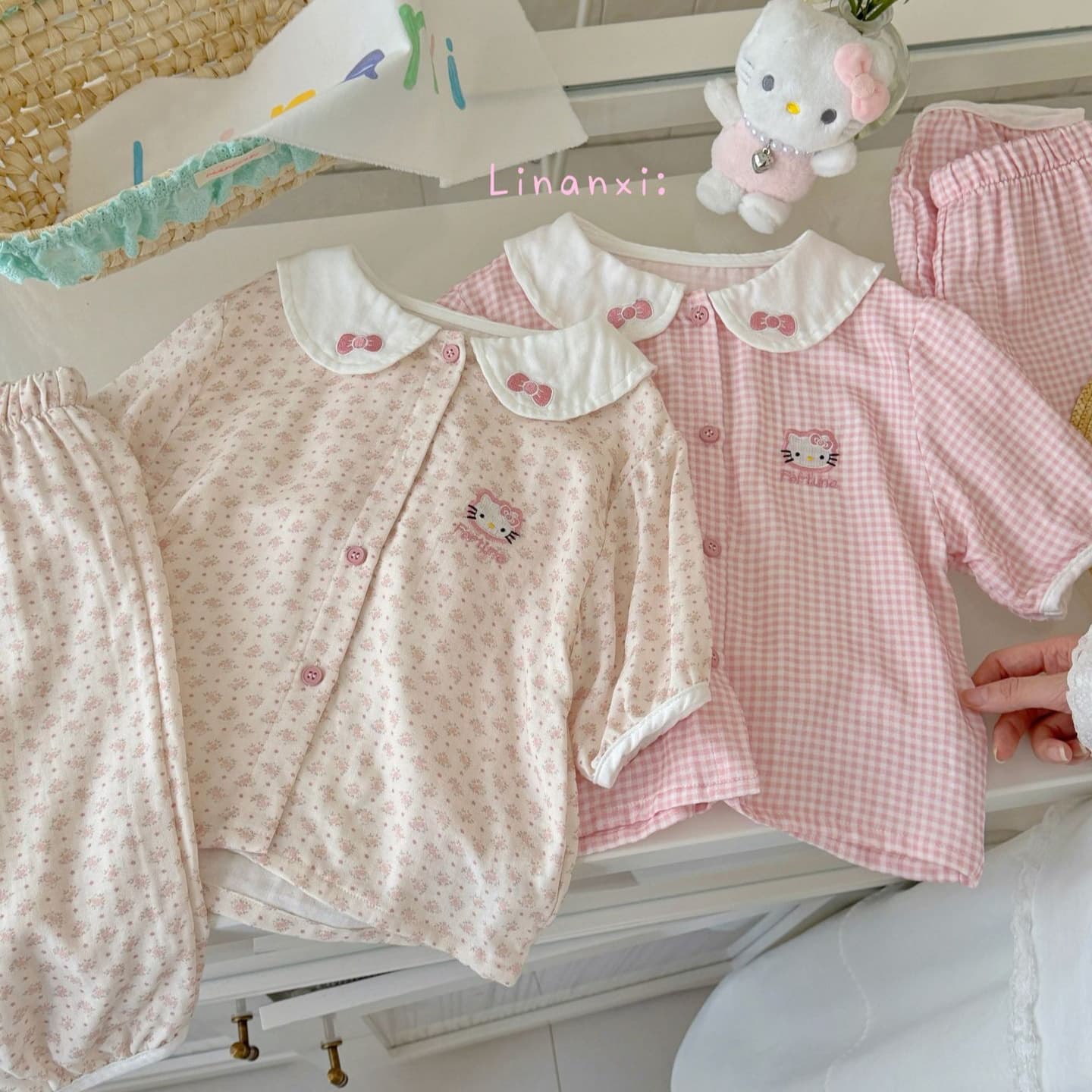 87065 Girls Bow Double Gauze Loungewear Set Fresh Doll Collar Summer New Girls Baby Pajamas Thin