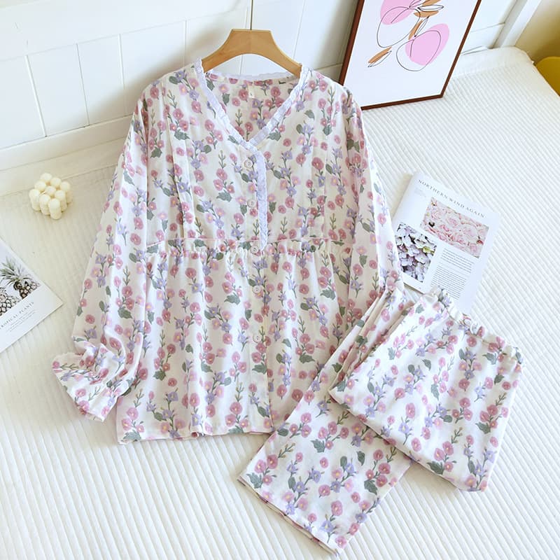 Multiple Styles 200-Layer Double Gauze Maternity Sleepwear, Pure Cotton Pregnant Women's Pajamas, Postpartum Nursing Top, Spring and Summer