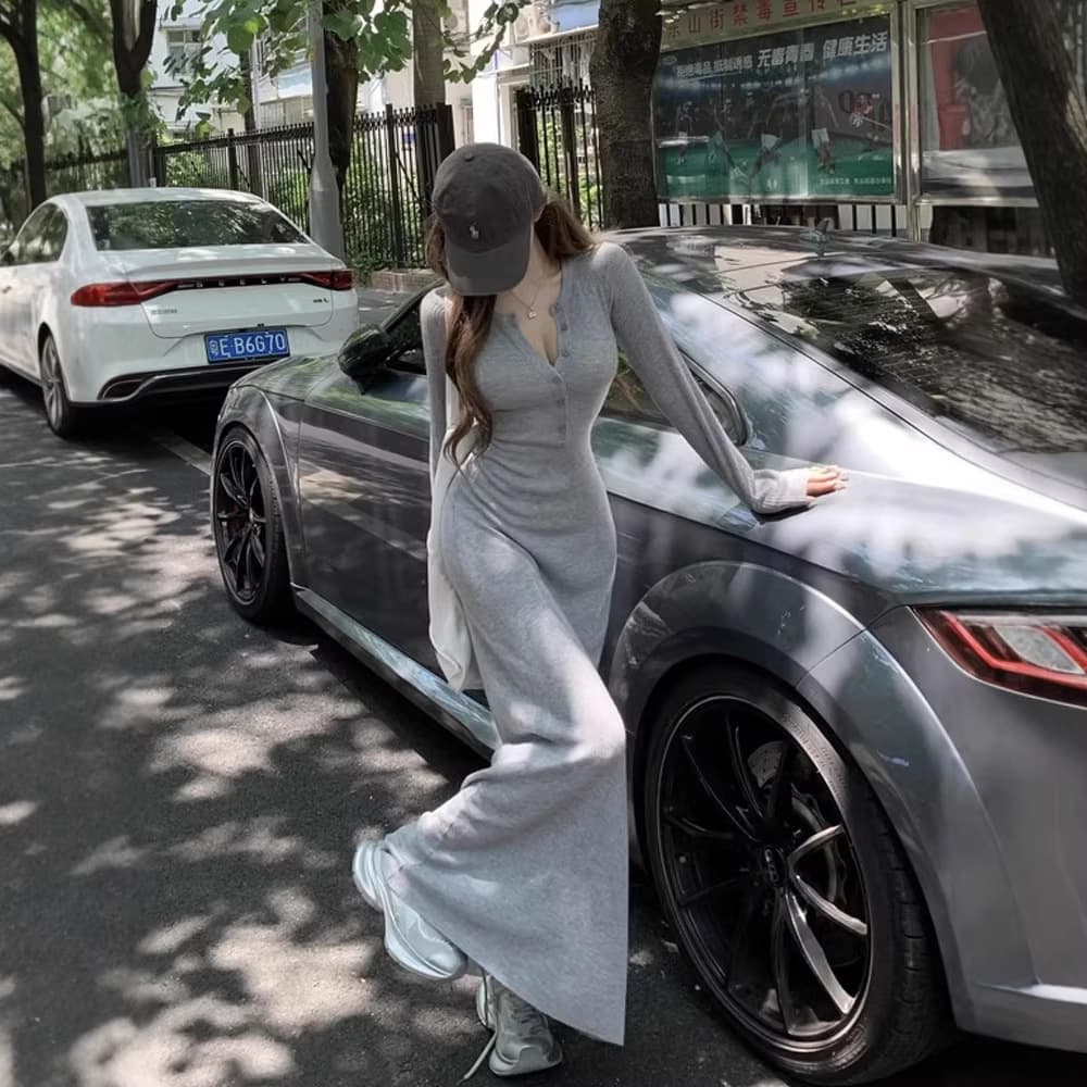 Gray Premium Slim-Fit Long-Sleeve Autumn Dress for Women, New Knit Style, Flattering Long Dress, Base Layer Dress, Korean Version