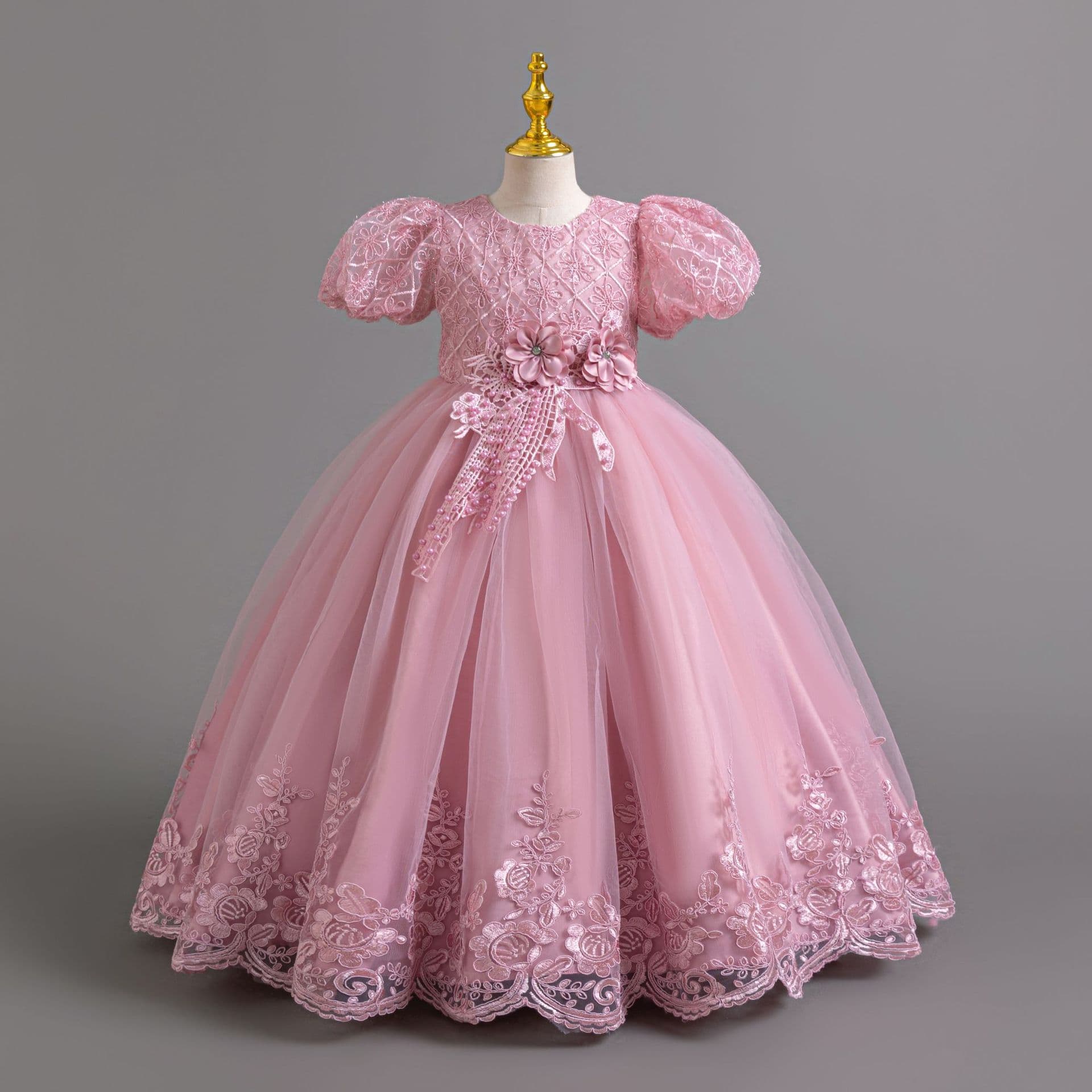 Wholesale Long Dress Children's Gown Puff Sleeve Lace Princess Dress Girl Party Dress