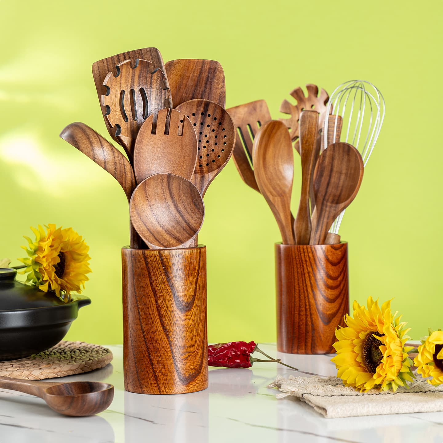 Cross-border Small Leaf Acacia Wood Kitchen Utensil Set Wooden Spatula Non-stick Pan Long Handle Rice Spoon Wooden Egg Beater Wooden Soup Ladle Wholesale