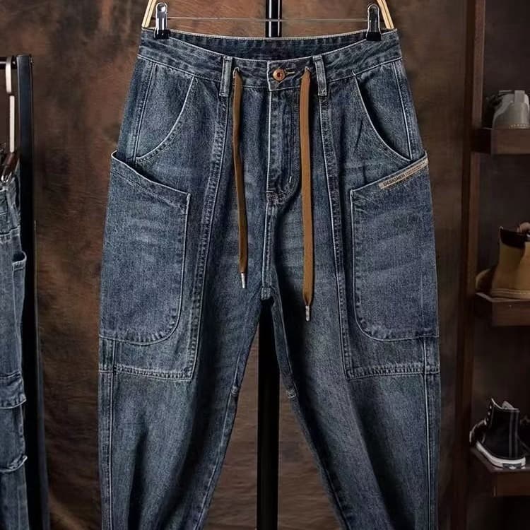 Washed loose jeans for men 2023 autumn and winter new retro trendy brand workwear multi-pocket straight trousers