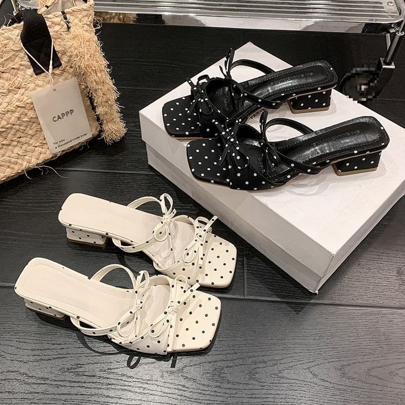 Fashionable Bowknot Polka Dot One-Strap Sandals for Women 2026 Summer New Arrival Light Luxury French Style Chunky Heel Casual Wear