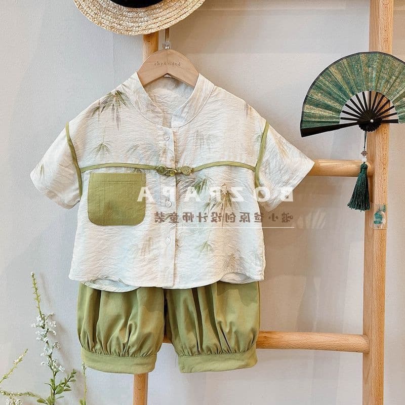 2026 New Chinese Style Suit Summer Thin Boys Hanfu Short Sleeves Button Tang Suit Short Sleeves + Pants Two-piece Trendy Set