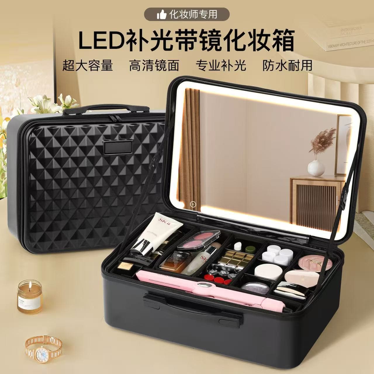 Multifunctional portable makeup box for professional makeup artists with lighted mirror and makeup artist special makeup box that can be set with a trolley