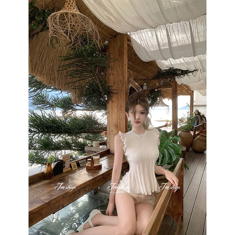 JMSHOP Showa Doll Style Ruffled Knit Top Summer Waist-Cinching Slimming Sleeveless Blouse