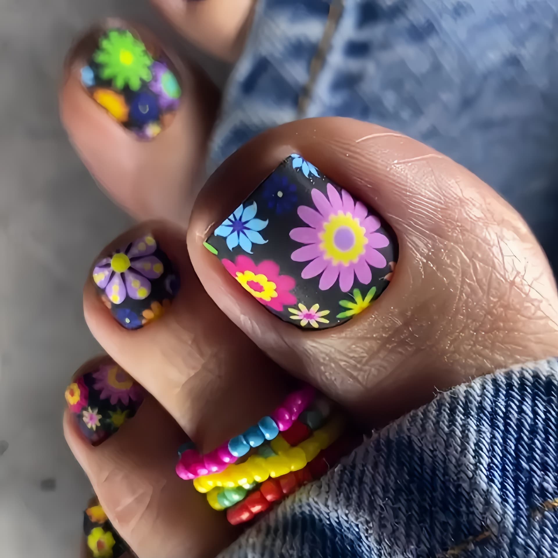 European and American Toe Nail Stickers, Black Colorful Flower Pattern Fake Nail Patches, 24 Pieces