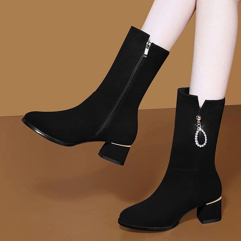 2025 New Mid-Calf Boots for Women, Fall Winter Fashion, Fleece-Lined Warm Suede Mid-Heel Martin Boots Long Boots