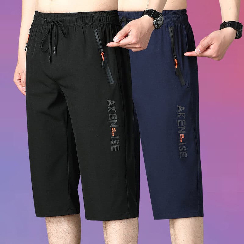 Summer High-Quality Ice Silk 7-Inch Pants Men's Loose Printed Straight Shorts Plus Size Quick-Dry 7-Point Wear-Out