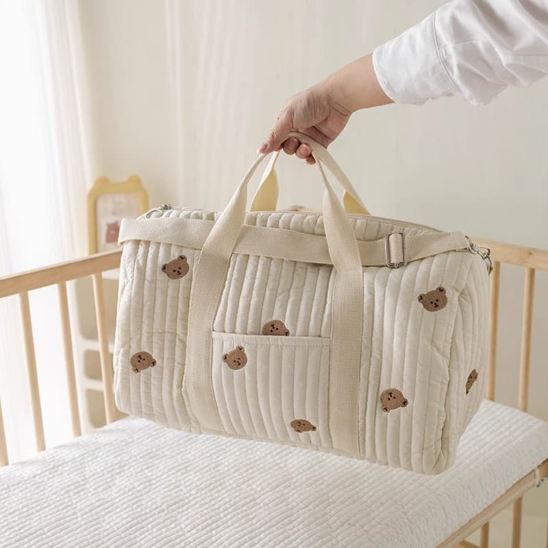 Fashionable Minimalist Embroidered Cute Bear Storage Zipper Embroidered Quilted Cotton Mom Baby Stroller Hanging Bag Diaper Bag