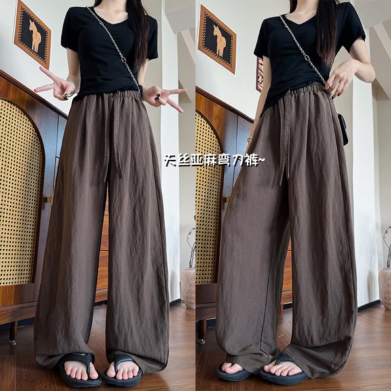 Full-Edge Tencel Linen Curved Hem Pants for Women, New Summer Style, Loose Fit, Slimming Wide-Leg Pants, High-Waisted, Lazy Style Casual Pants