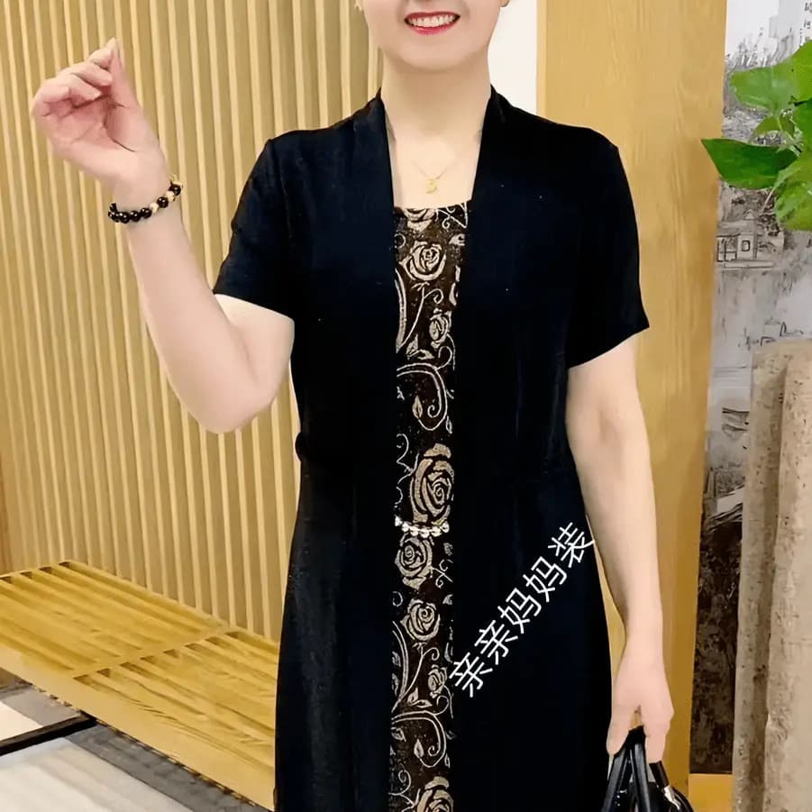 25 new middle-aged mid-length belly-covering loose sequin skirt mom slimming fake two-piece temperament long-sleeved dress