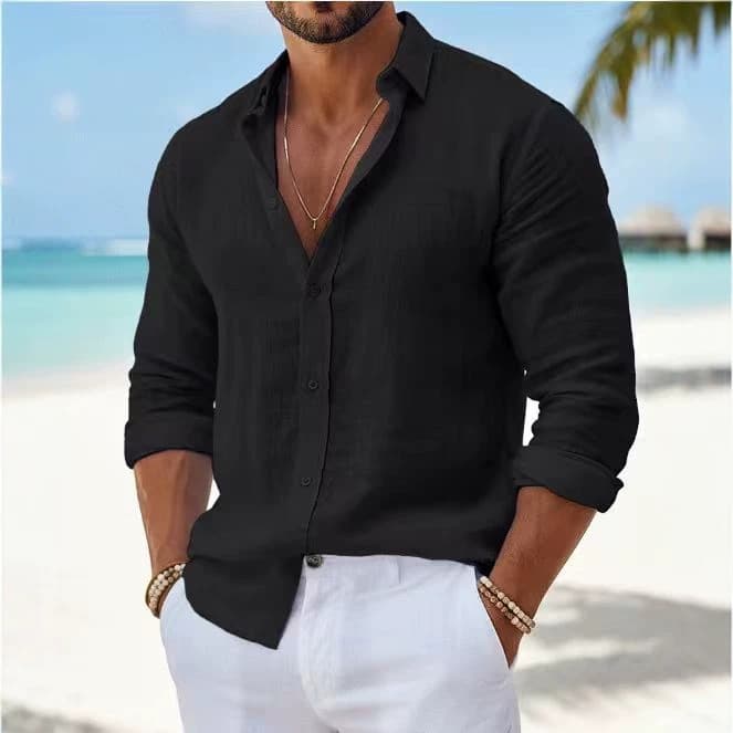 Foreign trade Amazon European and American cotton and linen solid color men's shirt lapels spring and autumn versatile casual long-sleeved shirts for men