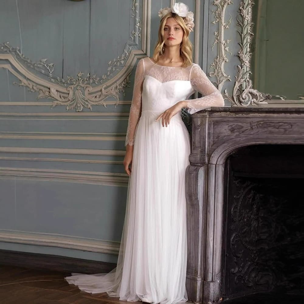 Simple French Tulle Forest Wedding Photography Lace Long-Sleeve Wedding Dress, Greeting Gown, Annual Host Party Fairy Evening Gown