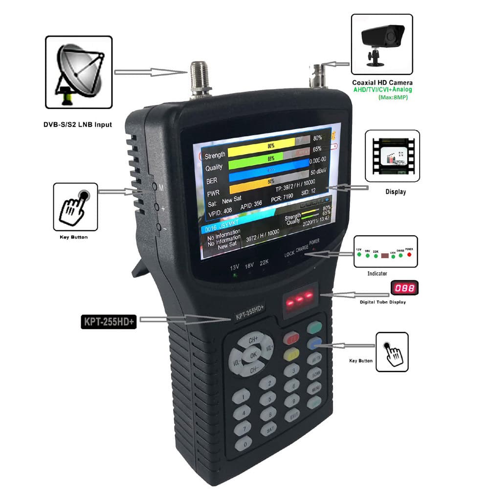 Satellite Finder KPT-255HD+ DVB-S/S2 With CCTV Tester 8MP