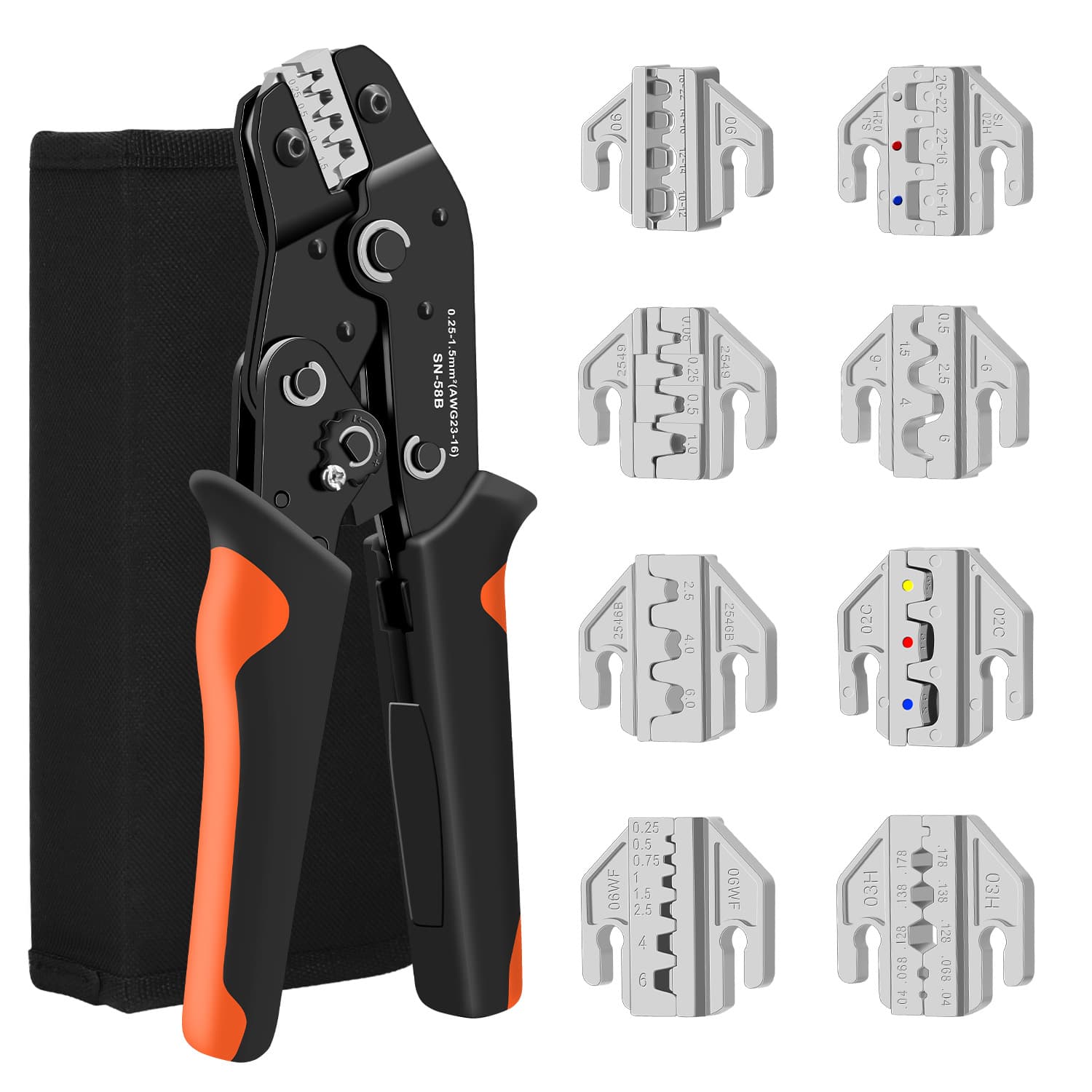 SN-58B Multi-Jaw Bare Terminal Crimping Pliers, Ratchet Wire Crimper for Spade Terminals, Cold-Press and Heat-Shrink Terminal Clamping Pliers