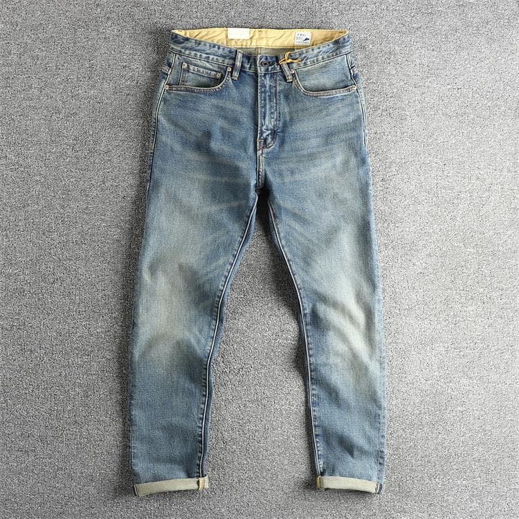 High-end retro trendy red eared hemmed jeans for men, washed and distressed spring and autumn American youth slim fit versatile trousers