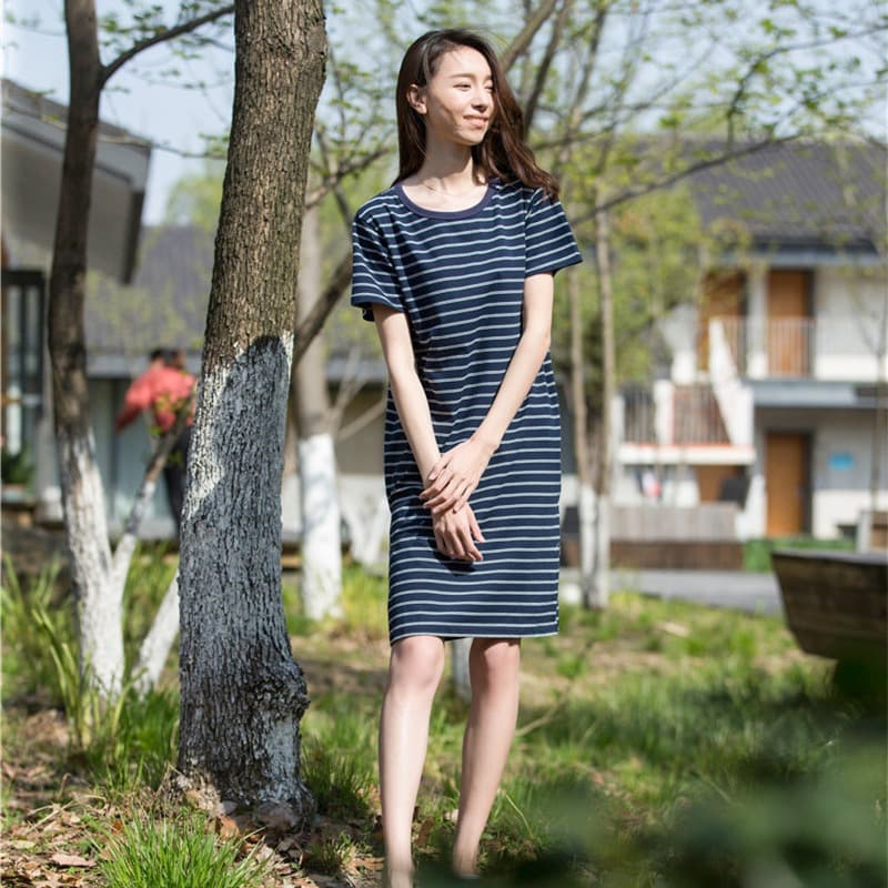 Plain Stripe Sleep Dress Home Dress Knitted Home Essential Slightly Stretchy Pajama Loungewear Drop Shipping Comfortable Loose Fit