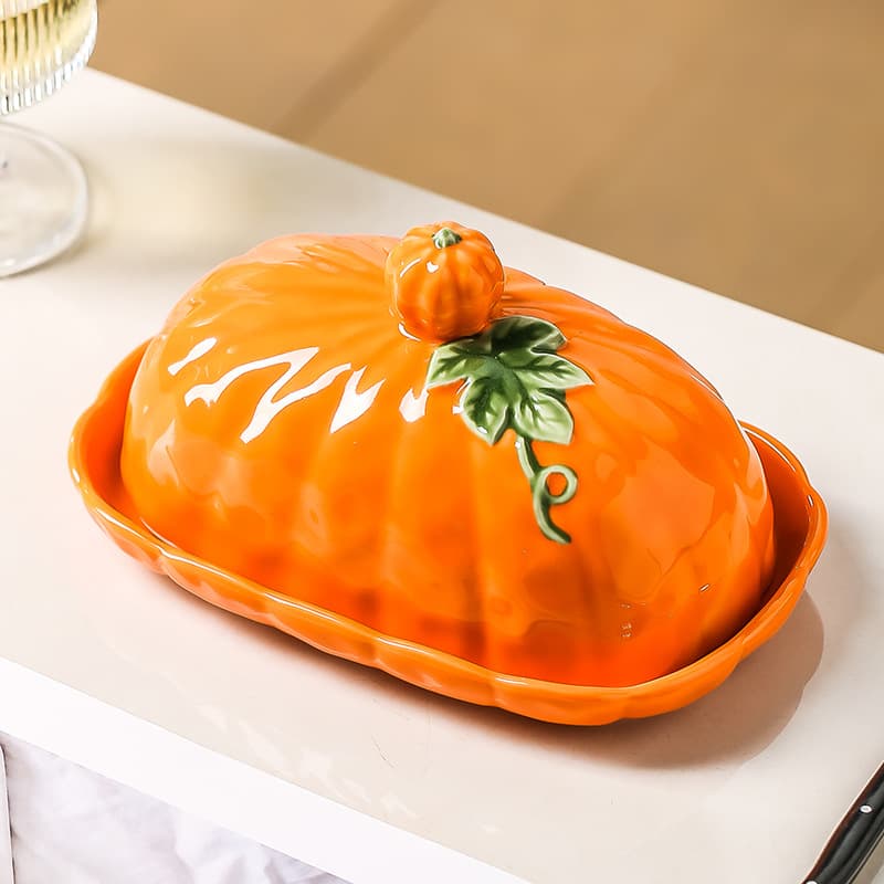 Orange Ceramic Butter Dish with Lid for Bread, Cake, and Candy - Export-Grade Freshness Cover