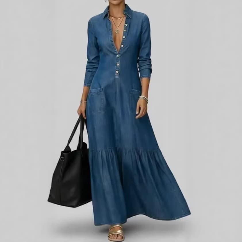 European and American cross-border street style retro collared denim dress for women summer new style high-end style waist-length skirt