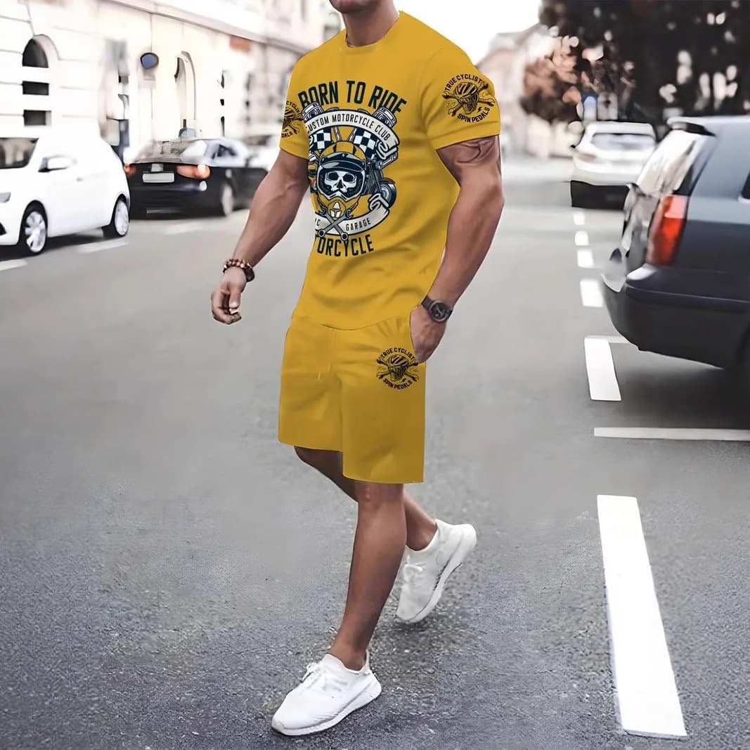 Men's Bright Yellow American-Style Motorcycle Short-Sleeve Set, Skull Cross Pattern Printed T-Shirt and Shorts, Trendy Casual Wear