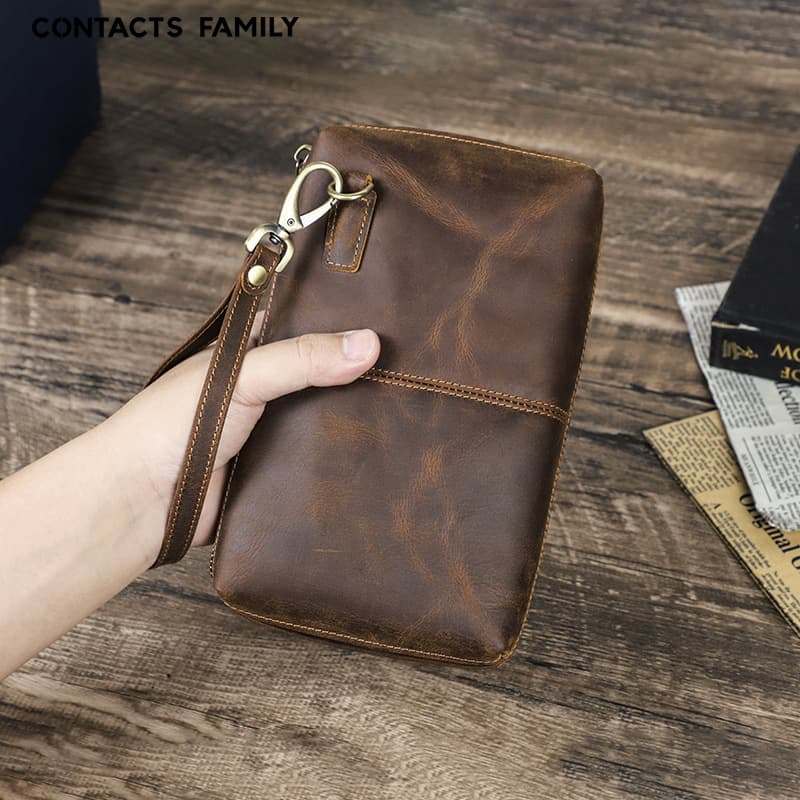 Vintage Coffee Crazy Horse Leather Large Screen Phone Bag Portable Zipper Large Capacity Phone Accessories Handheld Storage Bag