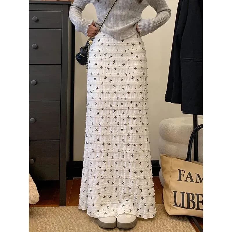 【Jacquard Fabric】Lined Bow Print Fishtail Skirt Pure Desire Style Floral Long Skirt for Women