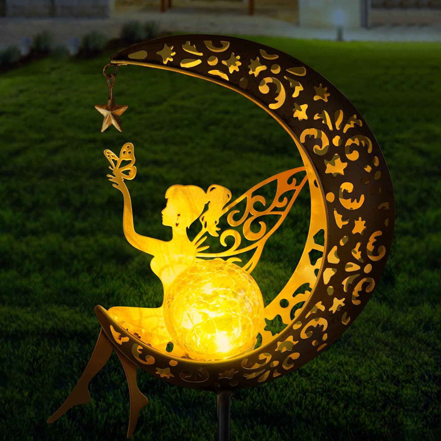 Solar Powered Moon Fairy Lamp Outdoor Garden Iron Art Flower Fairy Ground Plug Lawn Courtyard Lamp Decorative Lighting