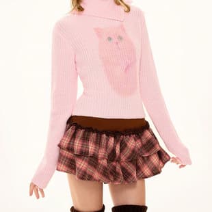 2026 Sweet Girl Pink Cat Print High Neck Knit Sweater Back Bow Waffle Slim Long Sleeve Sweater