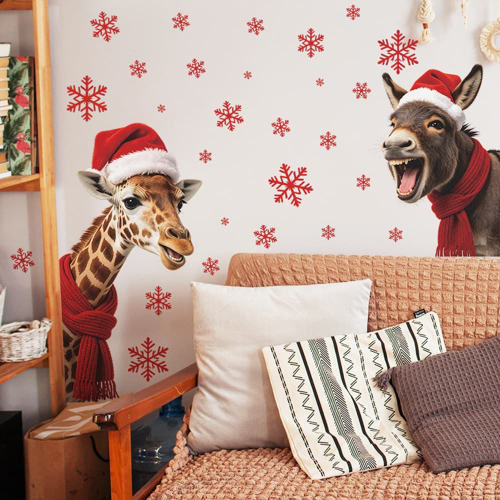 Cute Giraffe Donkey with Christmas Hat Wall Sticker for Bedroom Living Room Entryway Home Decor Self-Adhesive Wholesale Cross-Border