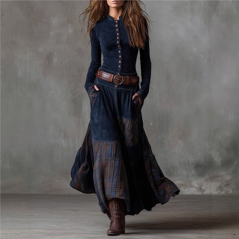 2025 Independent Station foreign trade suede plaid patchwork retro temperament dress with pockets, buttons and belt