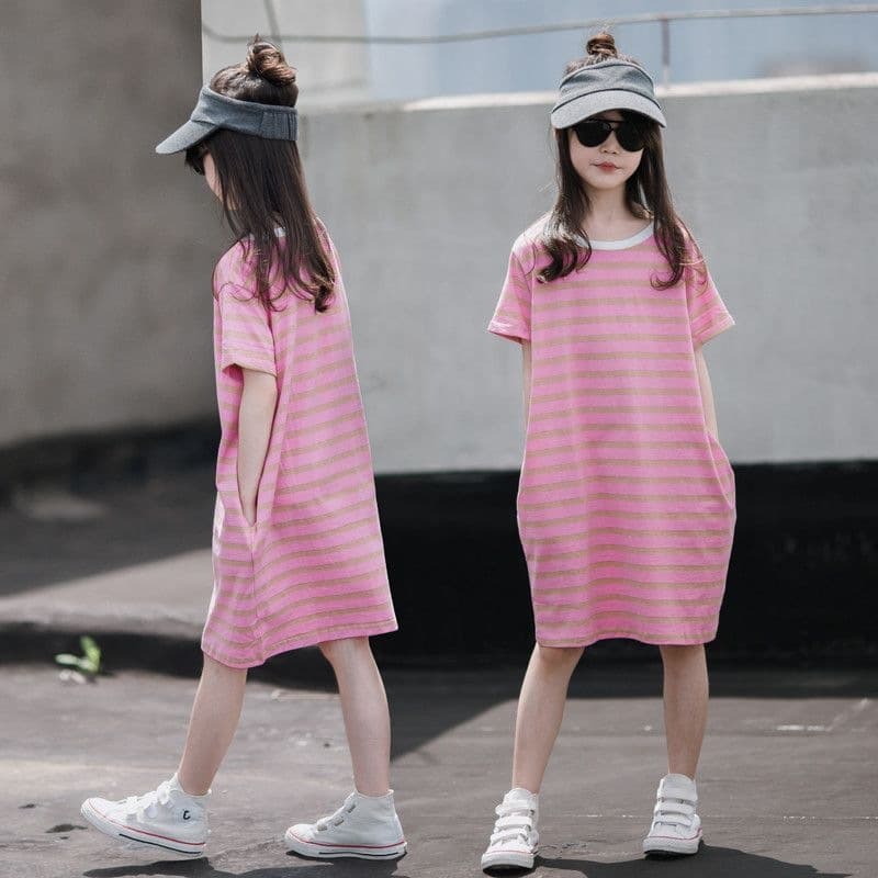 Girls Short Sleeve Dress 2026 Summer Children's Mid-Length T-Shirt Dress Summer Sports Striped Dress for Older Kids