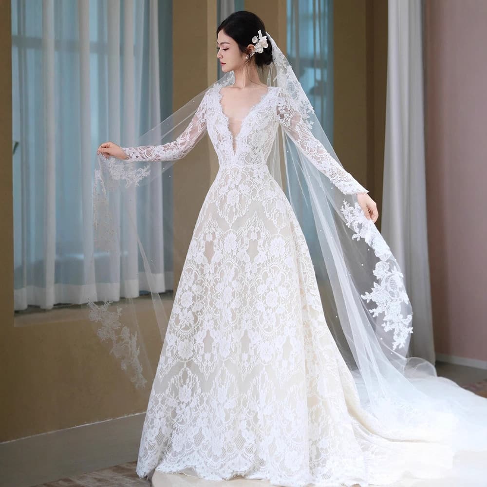 French Long Sleeve Lace Light Wedding Dress, High-End Forest V-Neck Reception Gown, Fairy Train Dress