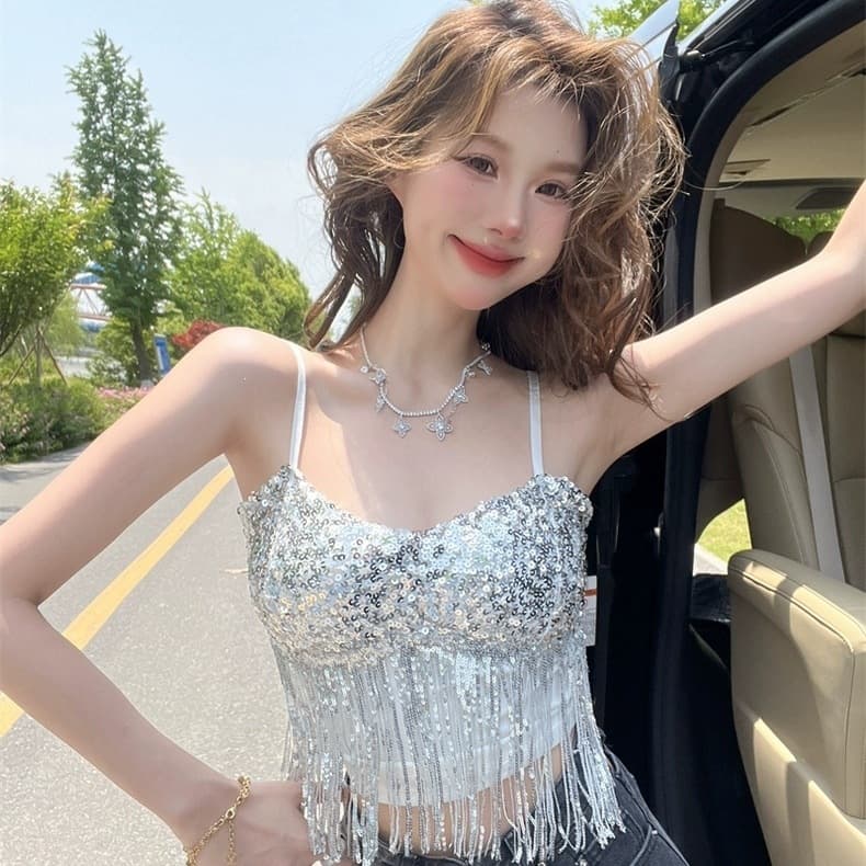 European and American Sexy V-Neck Heavy Sparkly Sequin Camisole Top with Tassels, Sleeveless for Nightclub