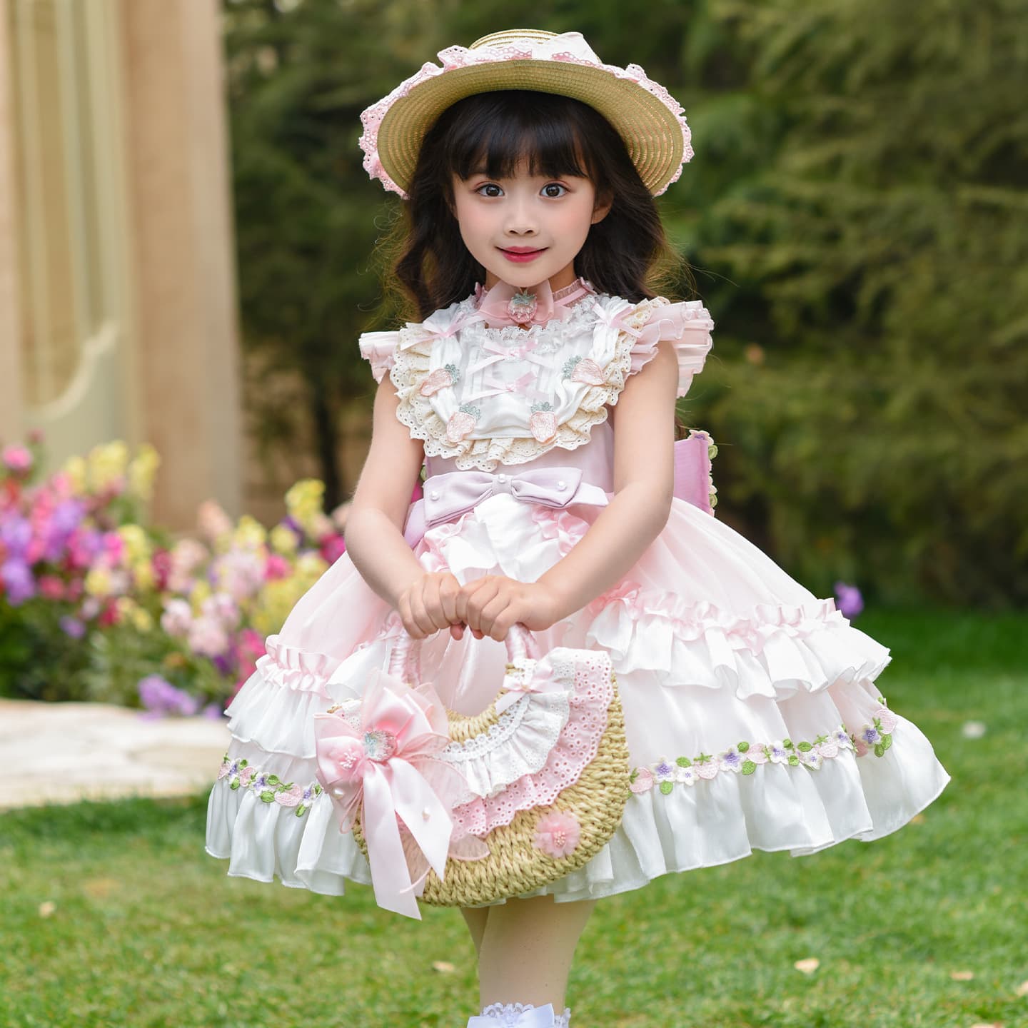 Girls Lolita milk strawberry princess dress little girl summer new pink sweet and cute birthday dress dress