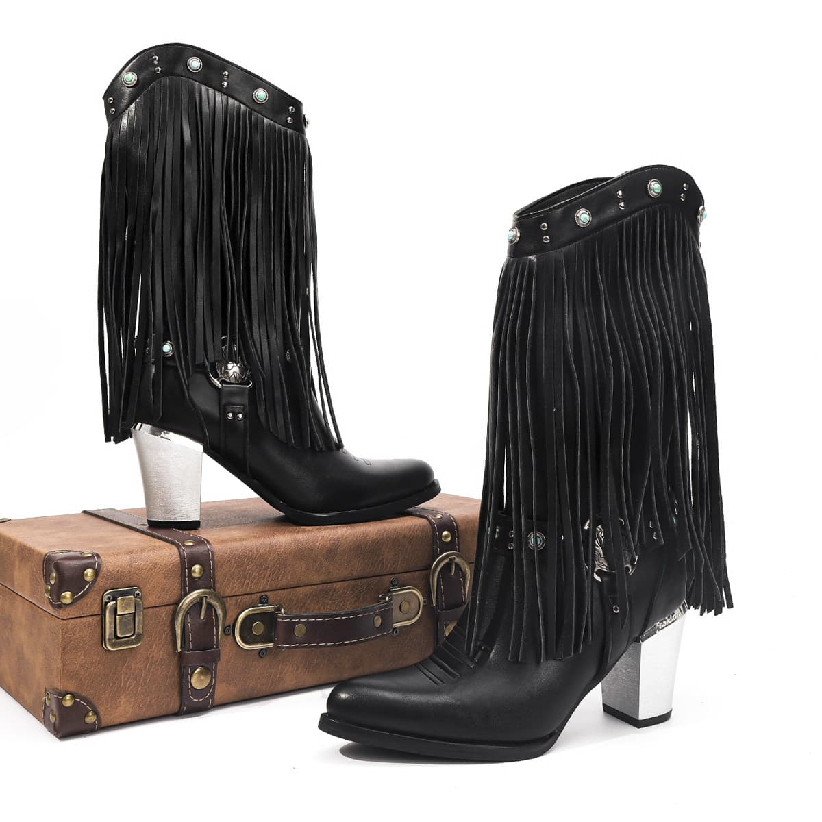 Us Size Fashion Boots for Women, Chunky High-Heeled Western Boots, Autumn and Winter Leather Tassel Boots, Beautiful Rivet Mid-Calf Boots, European and American Style