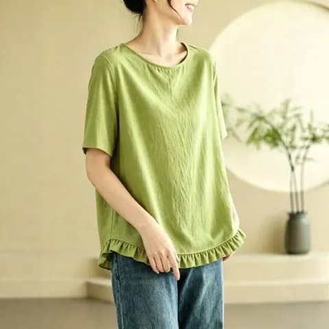 Summer New Round Neck Linen Short Sleeve Top Literary Vintage Loose Casual Short Length Pullover Short Sleeve T-Shirt Women