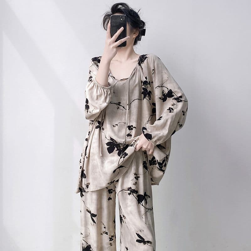 Women's Spring/Autumn Silk Cotton Chinese Style Homewear Set, Suitable for Outdoor Wear in Summer, New Chinese Style Rayon Cotton Thin Set