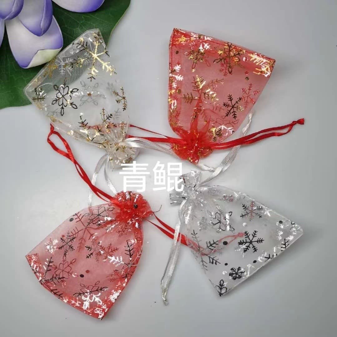 Stock Hot Stamping Gold/Silver Snowflake Bag, Christmas Drawstring Mesh Bag, Gift Packaging Organza Bag