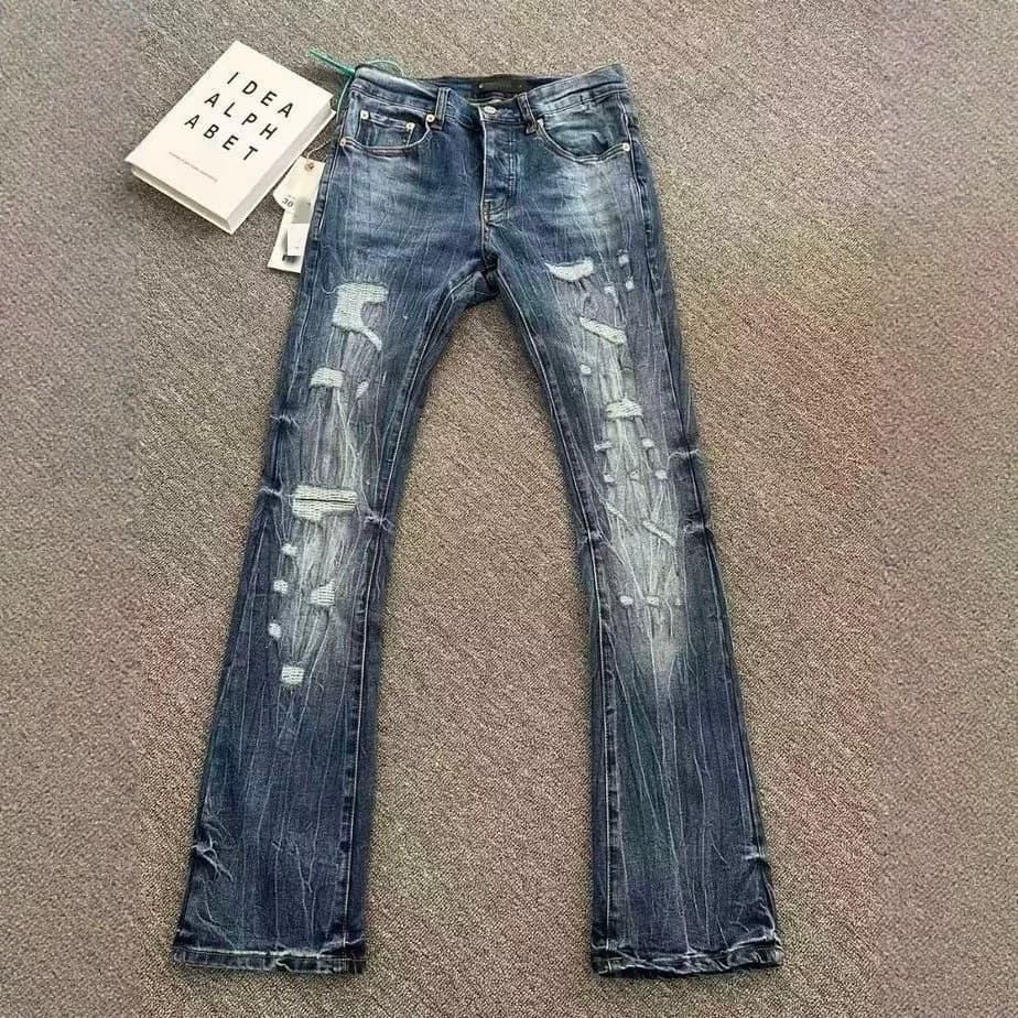 American High-Street Fashion Storm Washed Distressed Pattern Jeans for Men, Trendy Youth Micro-Flared Long Pants