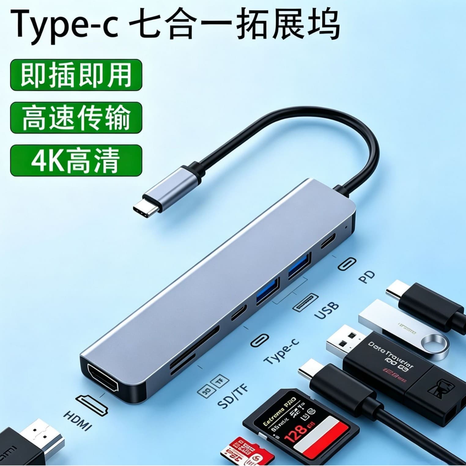 Factory direct sales TYPE-C 7-in-1 docking station USB-C docking station with HDMI screen projection SD card reader