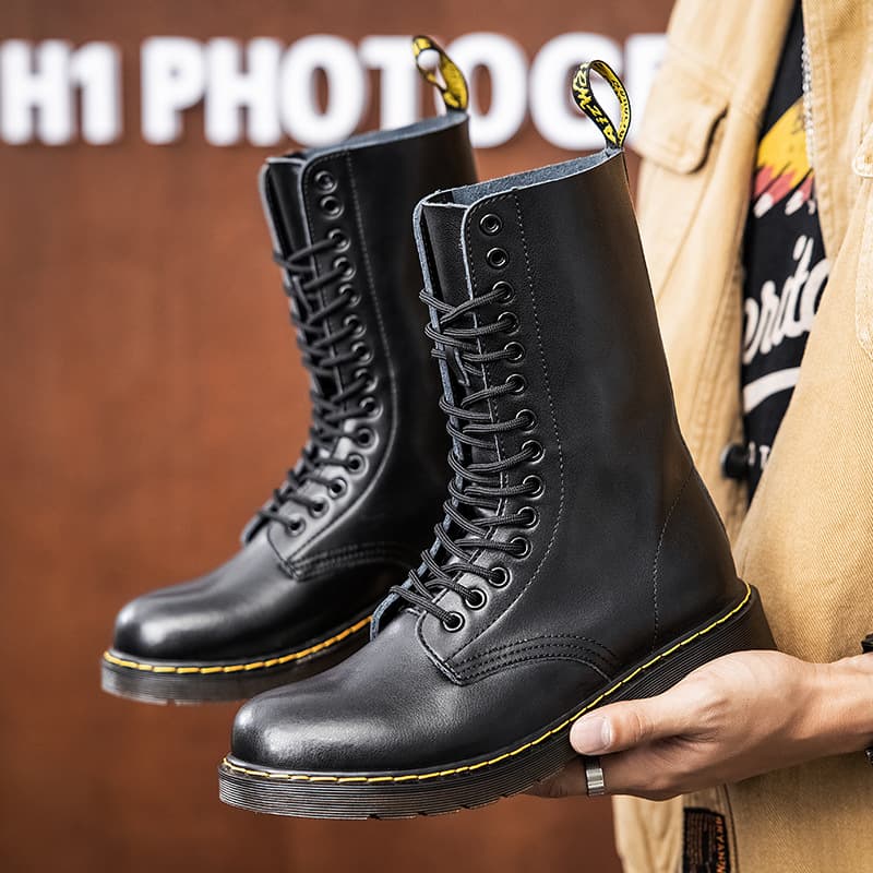 Men's Long Leather Boots with Fleece Lining, Warm Martin Boots, British Style High-Top Workwear Motorcycle Shoes, Couple Cross-Border Large Size