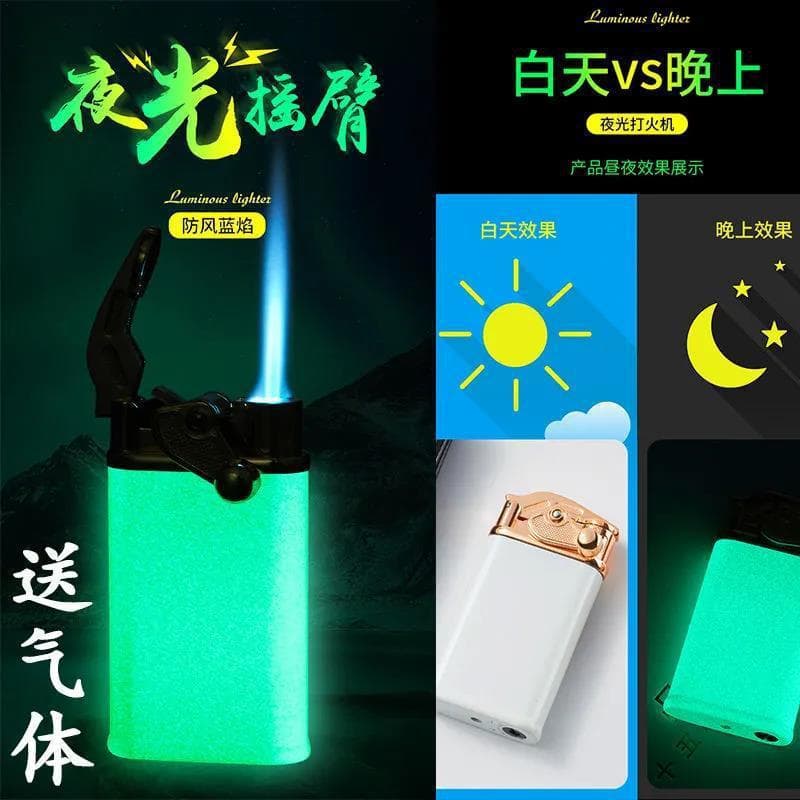 New Cross-Border Glow-in-the-Dark Rocker Arm Windproof Refillable Lighter Creative Direct-Flame Blue Fire Lighter for Men Trendy