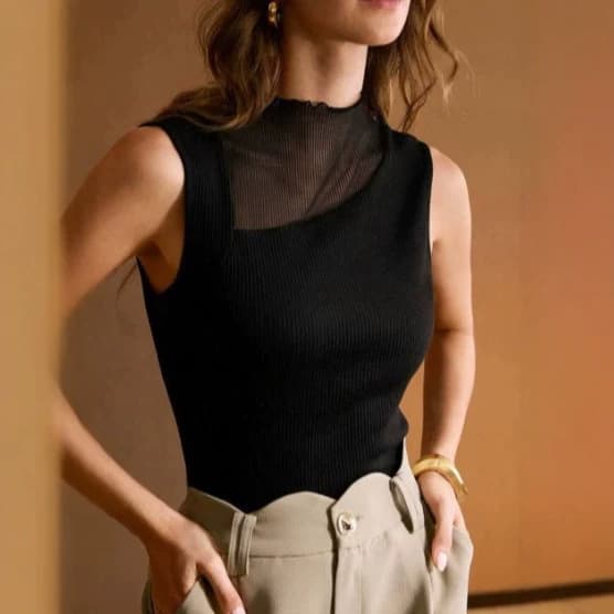Cross-Border Autumn Stand Collar Sleeveless Base Top for Women, Unique Black Mesh Patchwork Sexy Lady Half High Neck Vest